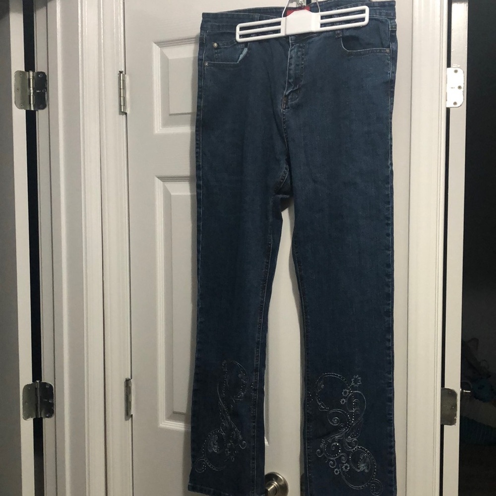 Embroidered Dark Blue Boot-Cut Women's Jeans